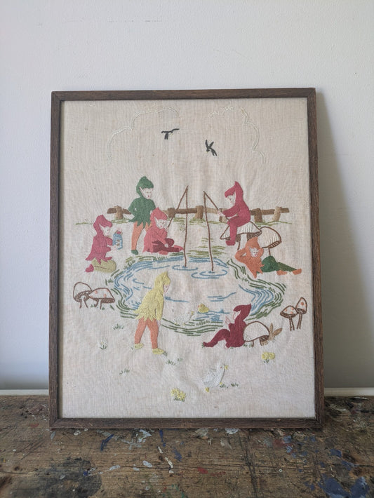 Vintage Hand Embroidered Oak Framed Picture Pixies Fishing Nursery Kitsch Retro 