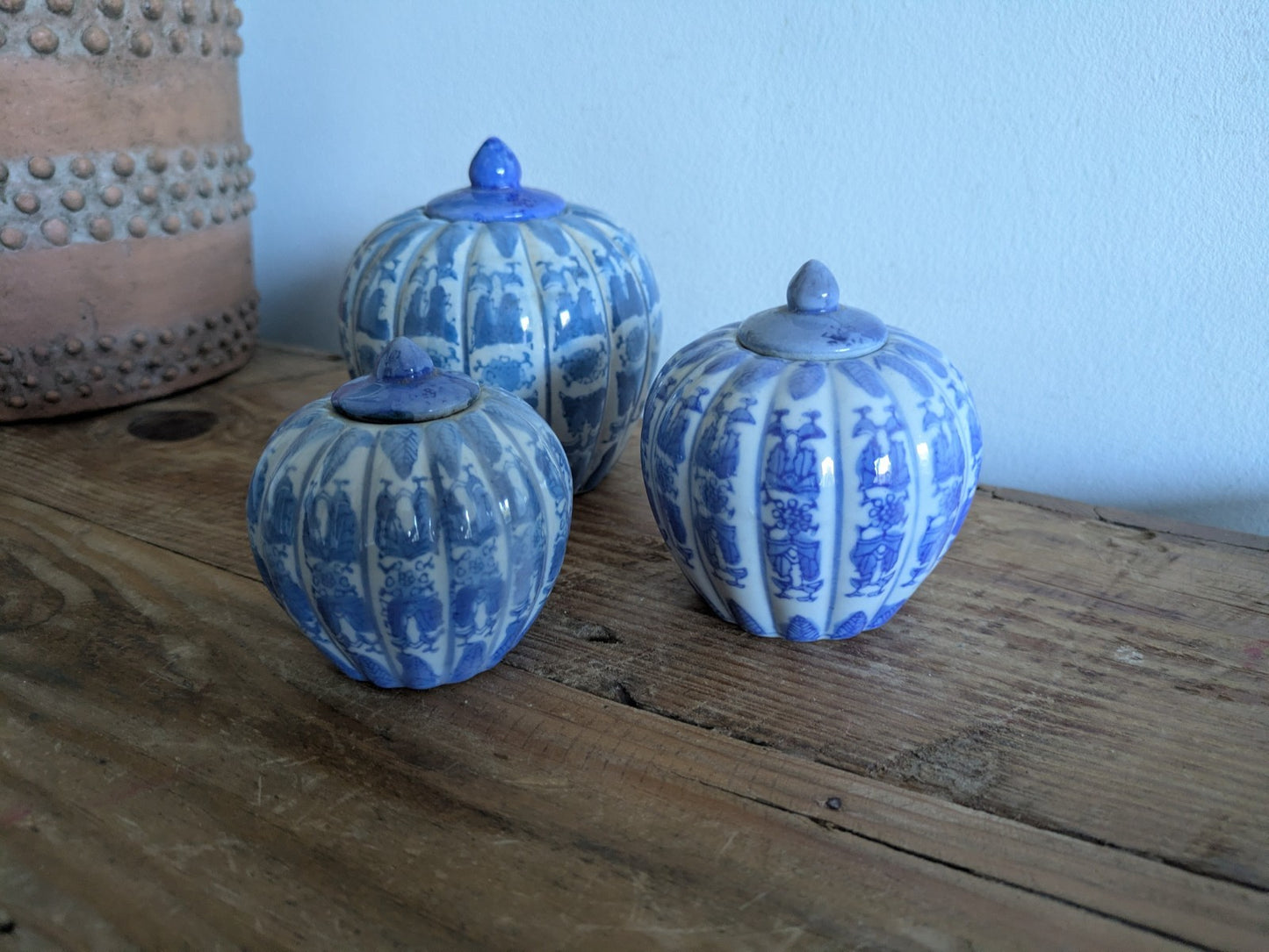 Set of 3 Chinoiserie Blue and White Porcelain Pumpkin-Shaped Ginger Jars Trio 