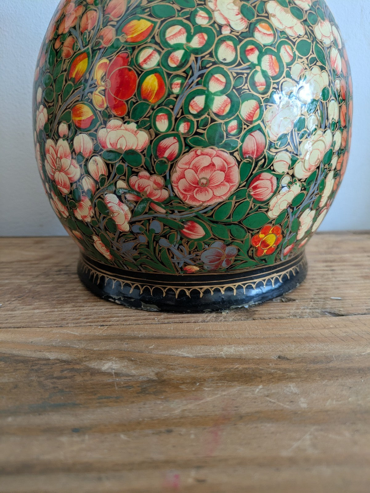 Lamp Base Vintage Kashmiri Indian Lacquer Papier Mache Gilded Flower Cloisonne