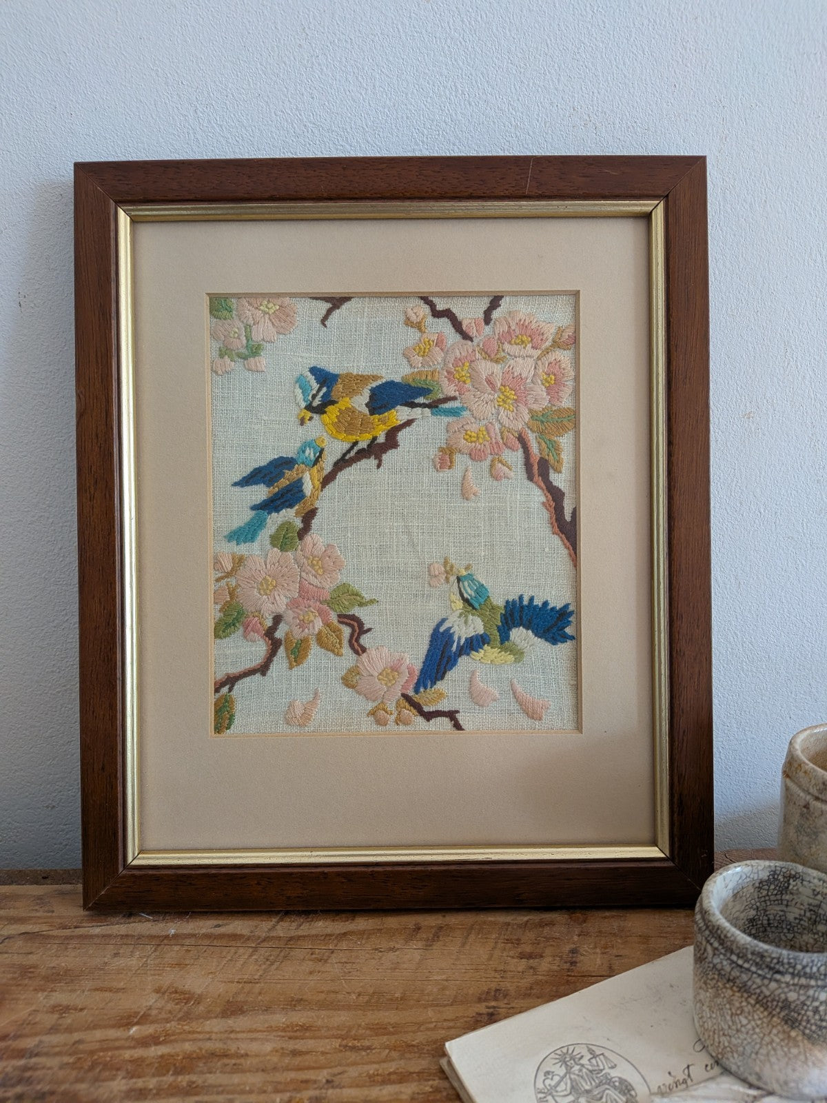 Vintage Blue Tit Needlepoint Embroidery Floral Art Handmade Framed Birds Blossom