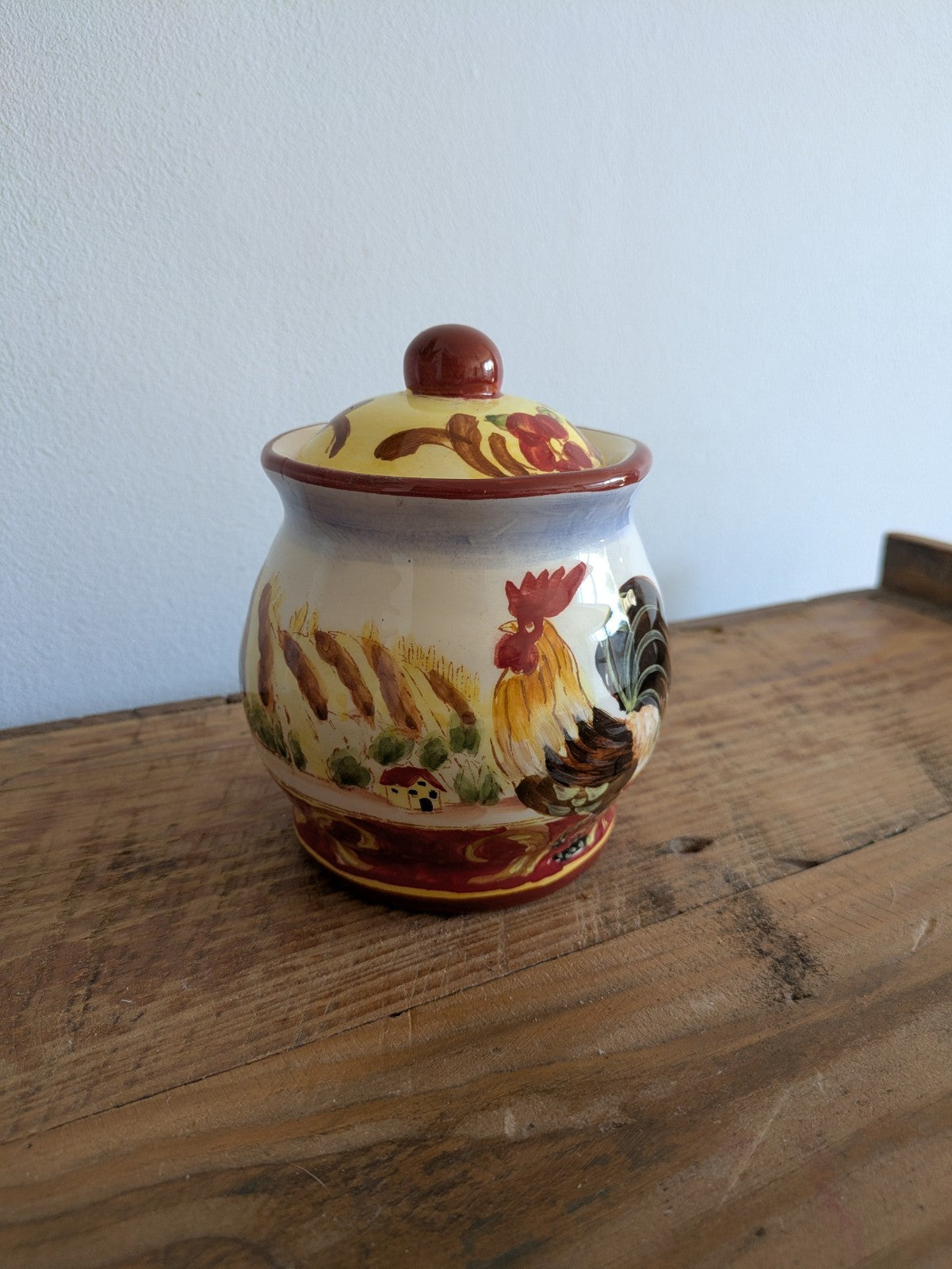 Provincial Rooster French Pottery Farmhouse Kitchen Canister Pot Lid Jar Painted