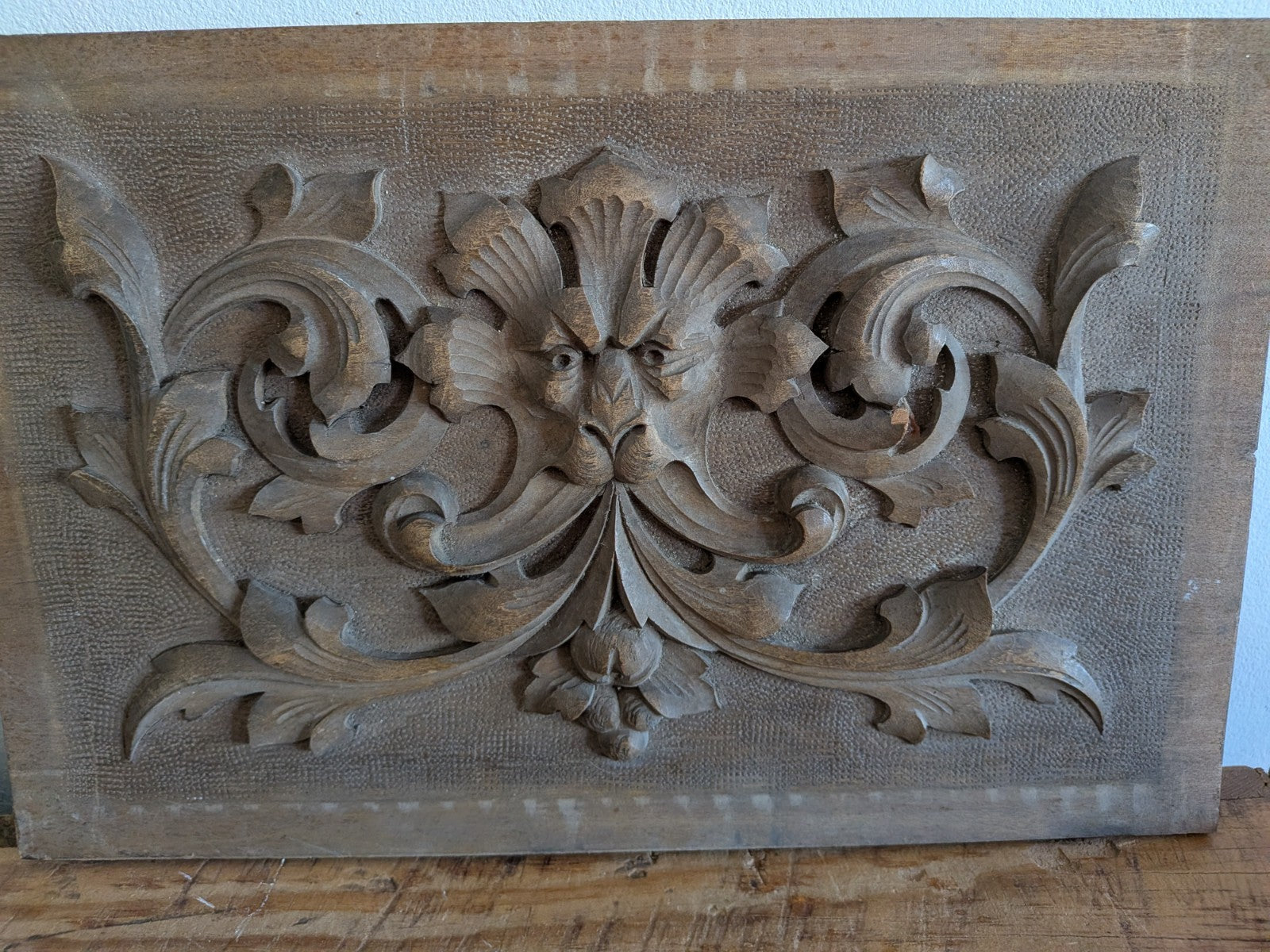 Antique Carved Wooden Panel Plaque Old Wood Victorian Green Man Head Face Scroll