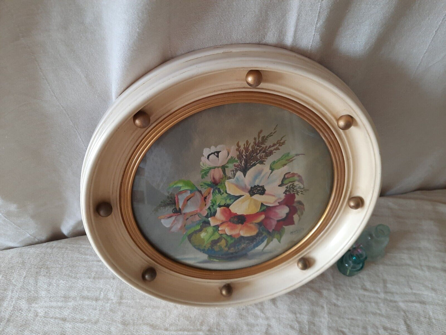 Vintage Retro Framed floral Painting gilt ball cream frame roses convex glass!