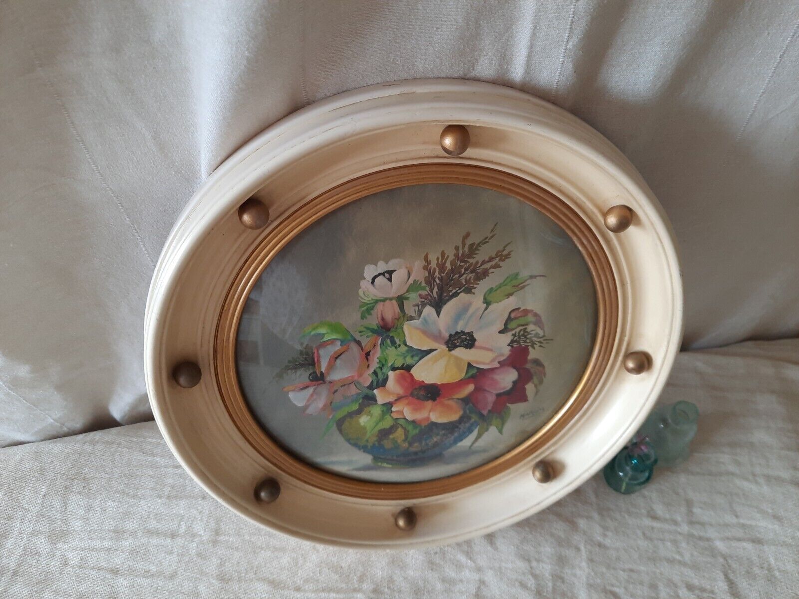 Vintage Retro Framed floral Painting gilt ball cream frame roses convex glass!