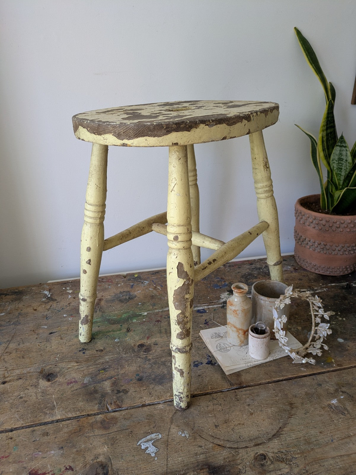Vintage Victorian Kitchen Stool Wooden Seat Chippy Distressed Paint Yellow Wood