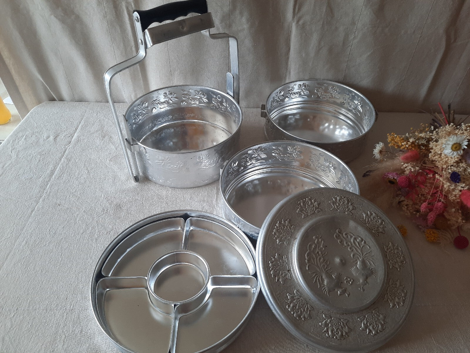 Vintage Stacking Chin Fong Rice Cooking 4 Pot Kitchen Chef Food Chinese Carrier