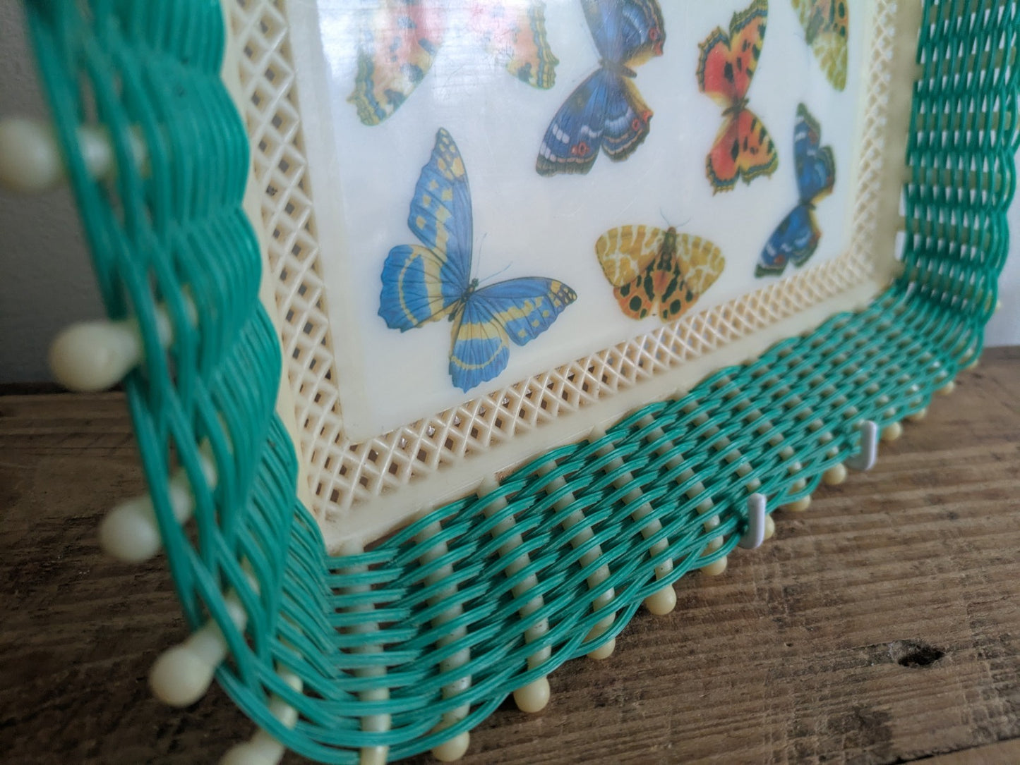 Retro Green and White Butterfly Tray with Plastic Woven Edge Greece Kitsch Prop 