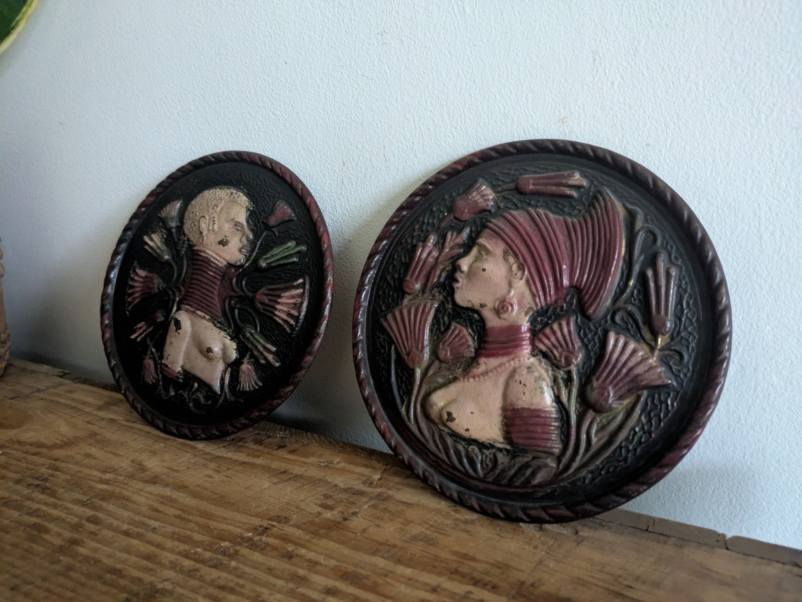 2x Mid Century Brass Plate Plaque Art Deco Art Nouveau African 1950s Pressed Old