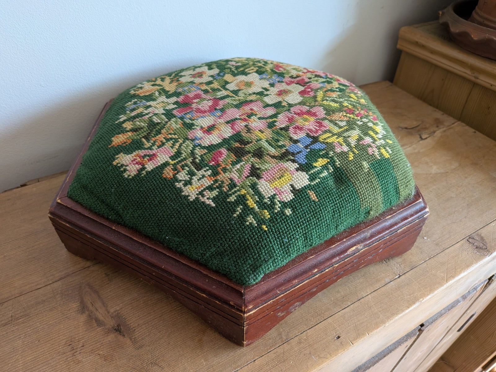 Vintage Hexagonal Footstool Embroidered Needlepoint Wood Floral Tapestry Stool
