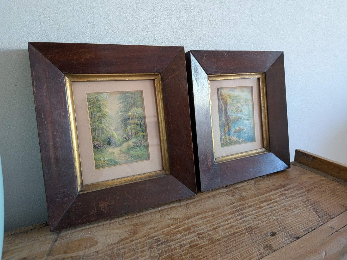 Pair Antique Framed Alan White Vtg Watercolour Signed Langcliff Woods Painting 