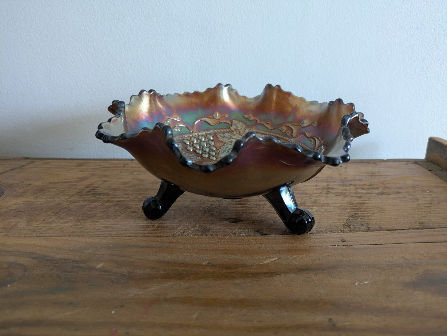 Fenton Grape & Cable Amethyst Iridescent Carnival Glass Three Legged Bowl Lustre