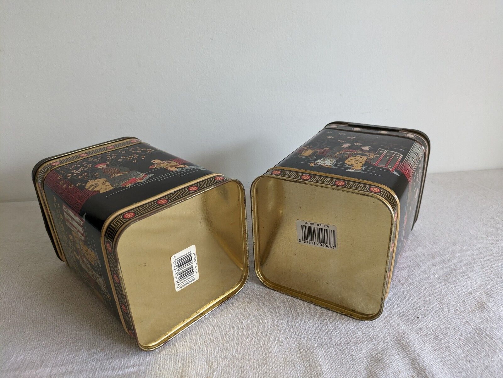 2x Original Vintage Japanese Black TEA Two Pound Tin Metal Made In England Large