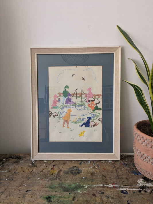 Vintage Hand Embroidery Oak Framed Picture Pixie Fishing Nursery Kitsch Retro!!
