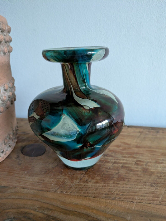 Vintage Mdina Maltese Glass 'Tiger' Pattern Vase Studio Art Retro Blue Brown Vgc