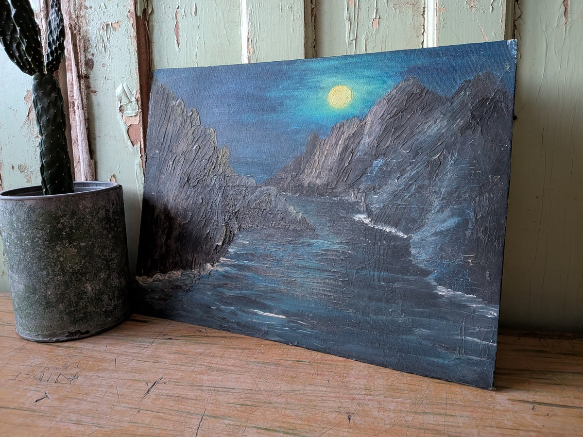 Vtg Painting Oil On Board Picture Landscape Seascape Moonlight Sea Shore Rocks 
