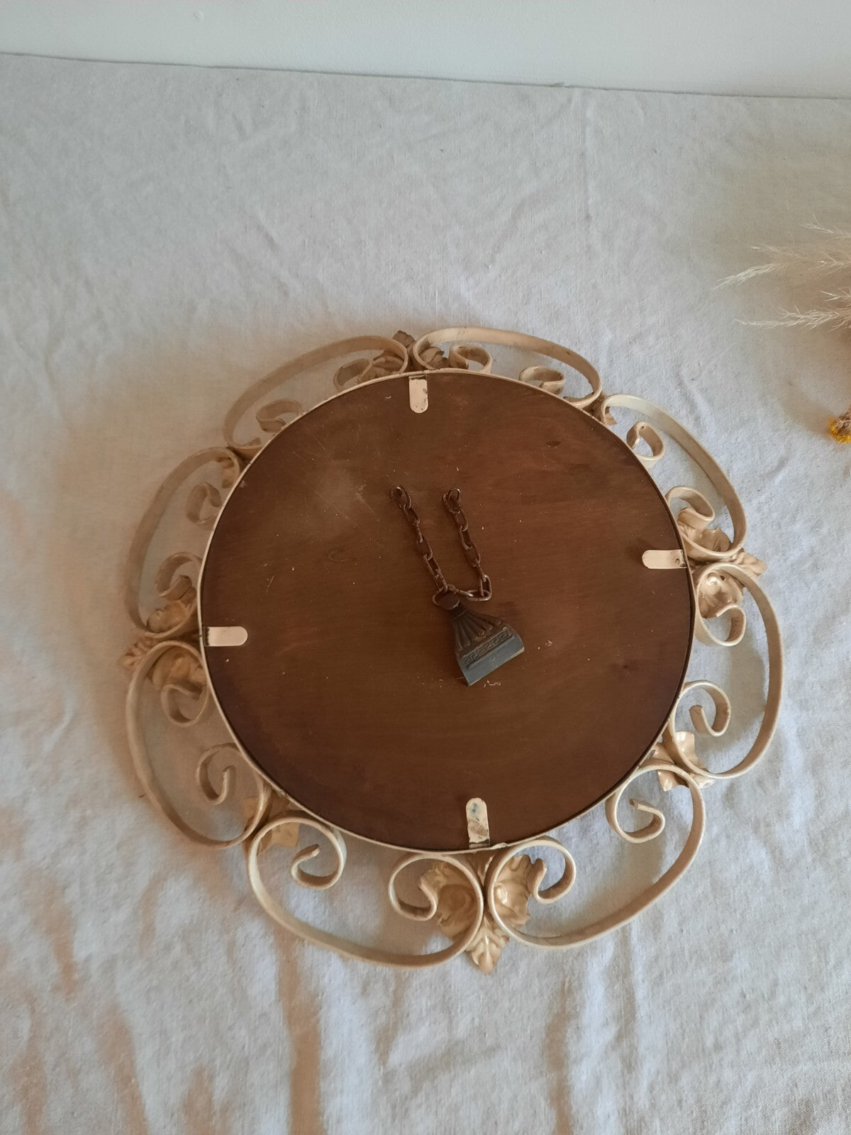 Vtg Retro Round Wrought Iron Wall Mirror Scroll & Leaf Design Cream Circular 70s