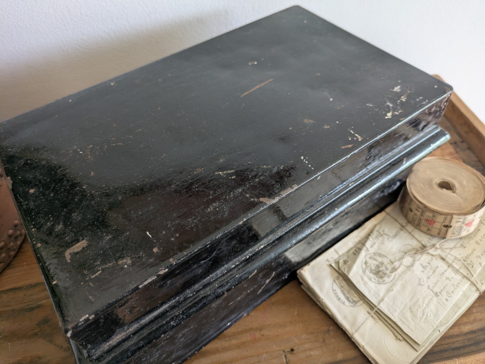 Vintage Metal Box Document Deed BOX  Black Latch Hinged Lid Medium Cash Tin File