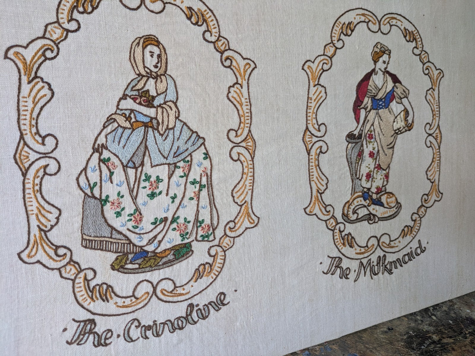Vintage Antique Hand Embroidered Pictures of Crinoline Lady, Goatherd, Milkmaid