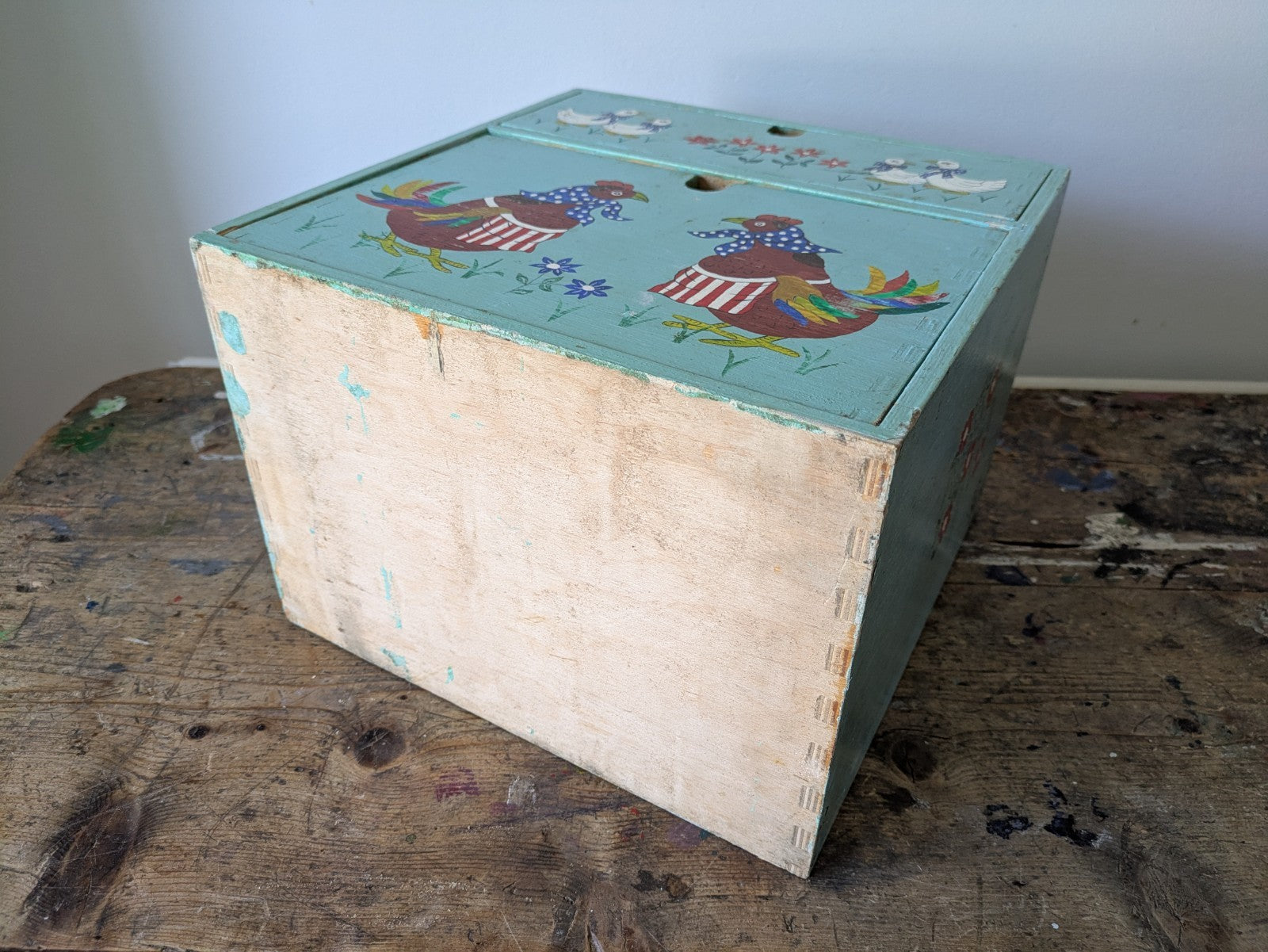 Folk Art Chicken CHEST of DRAWERS BOX KITCHEN Storage Wood Jewellery Vtg Floral