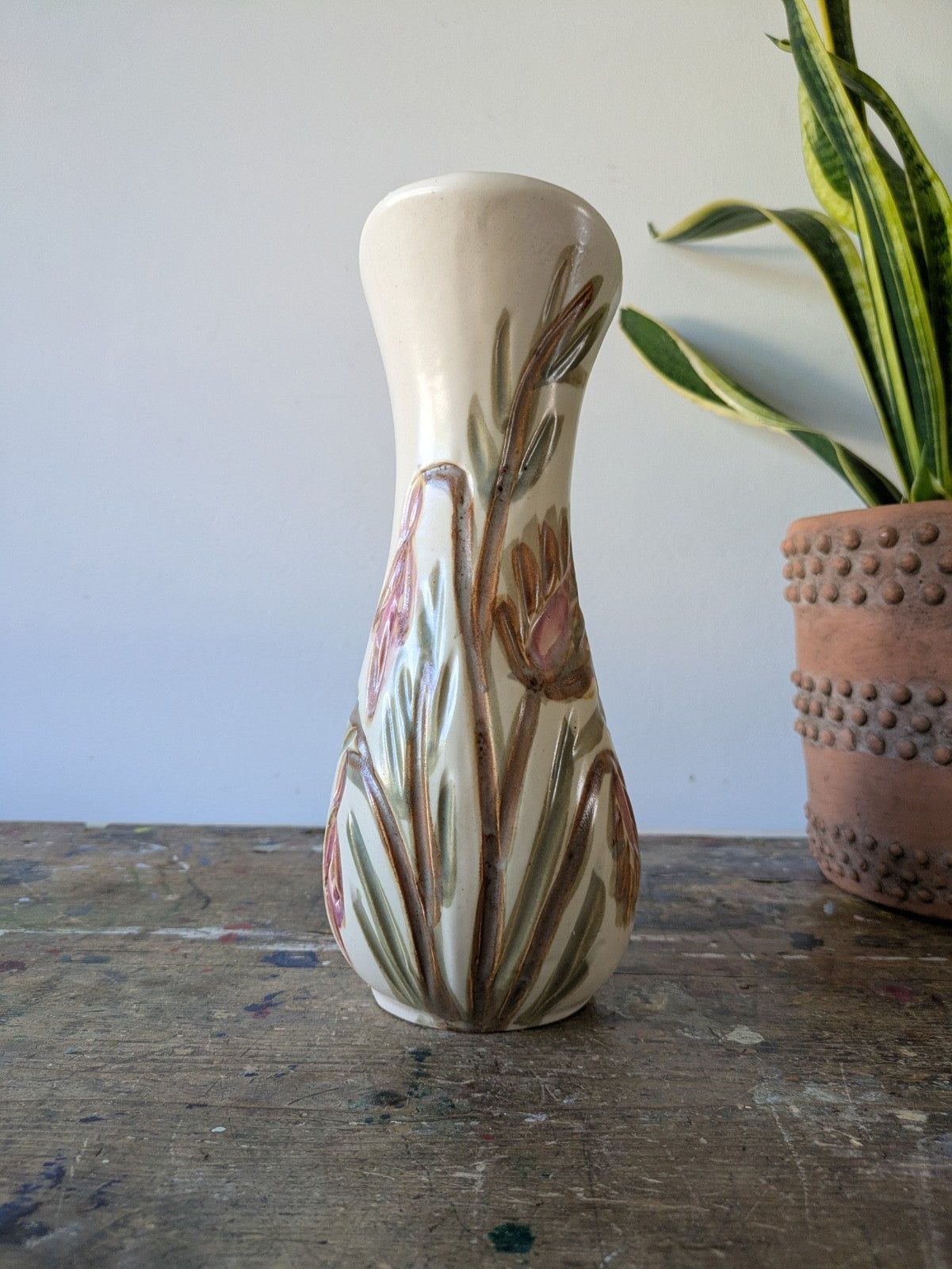 KAD-YAD Israel Studio Pottery Mid Century Flowers Design Handle Vase Jug Vintage