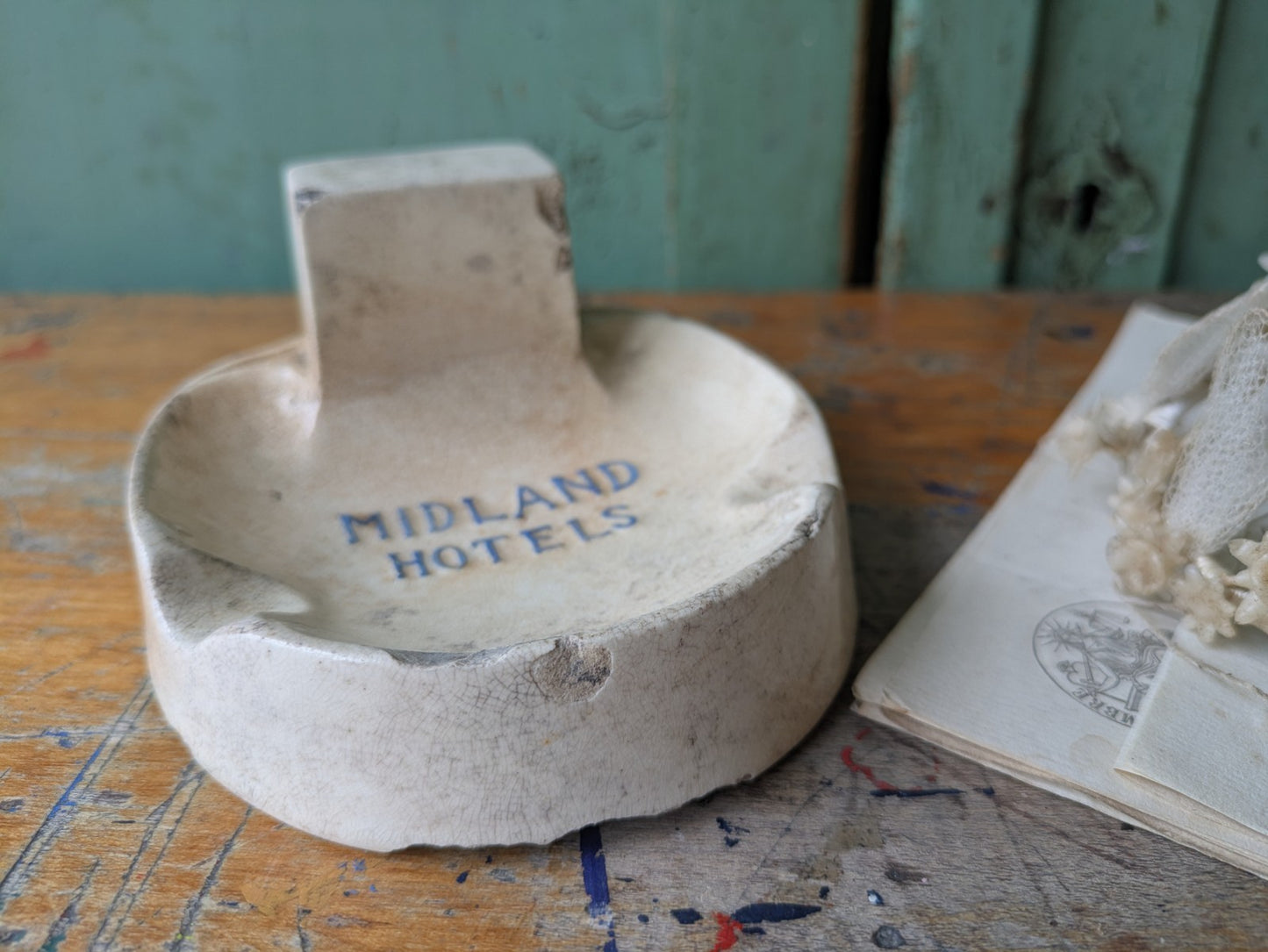 Antique Midland Hotels Ironstone Match Striker Ashtray Crazed Advertising Rare 