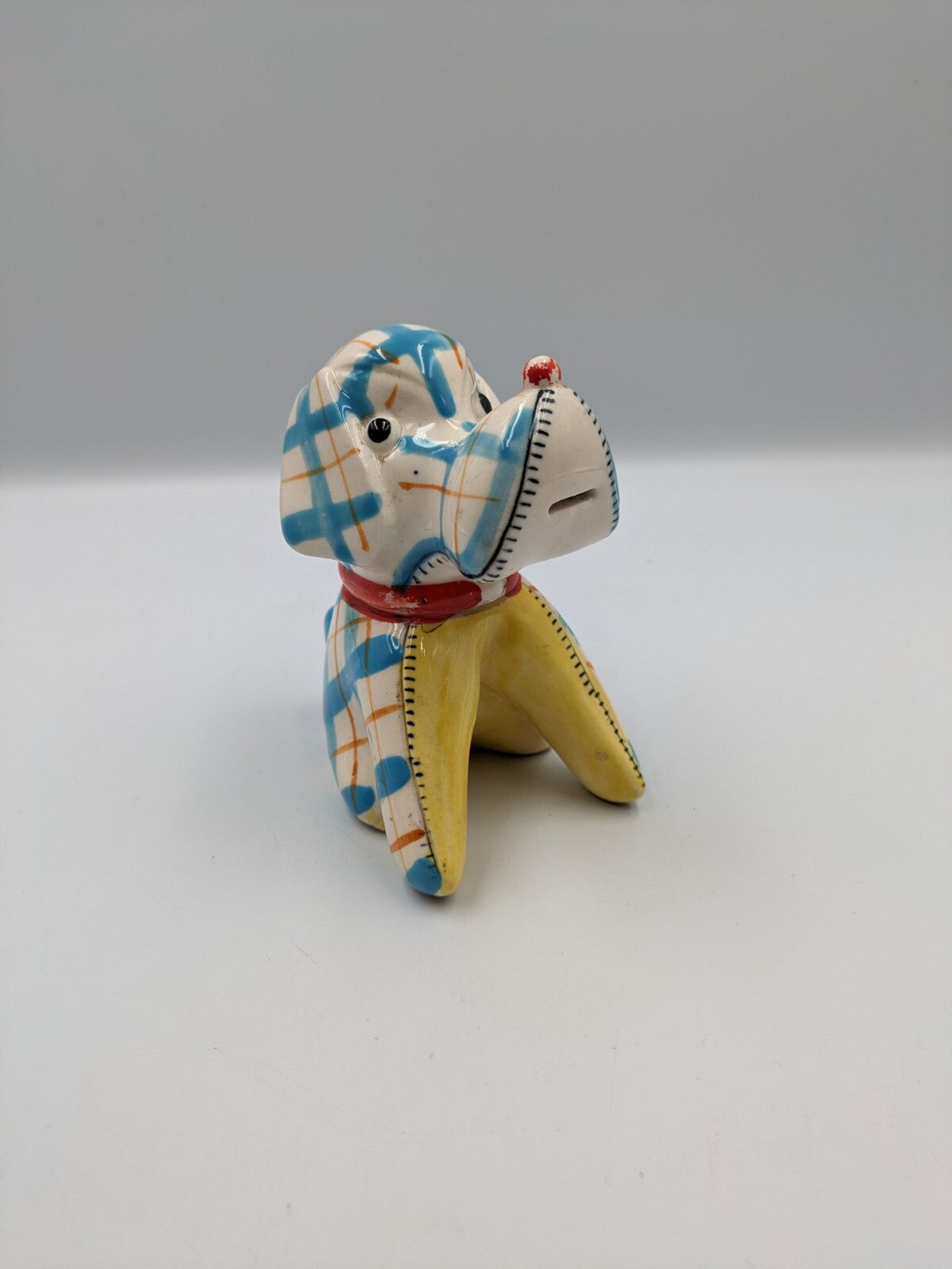 Vintage Kitsch Ceramic Novelty Dog Tape Measure Plaid Design Blue Retro 1950s Vg