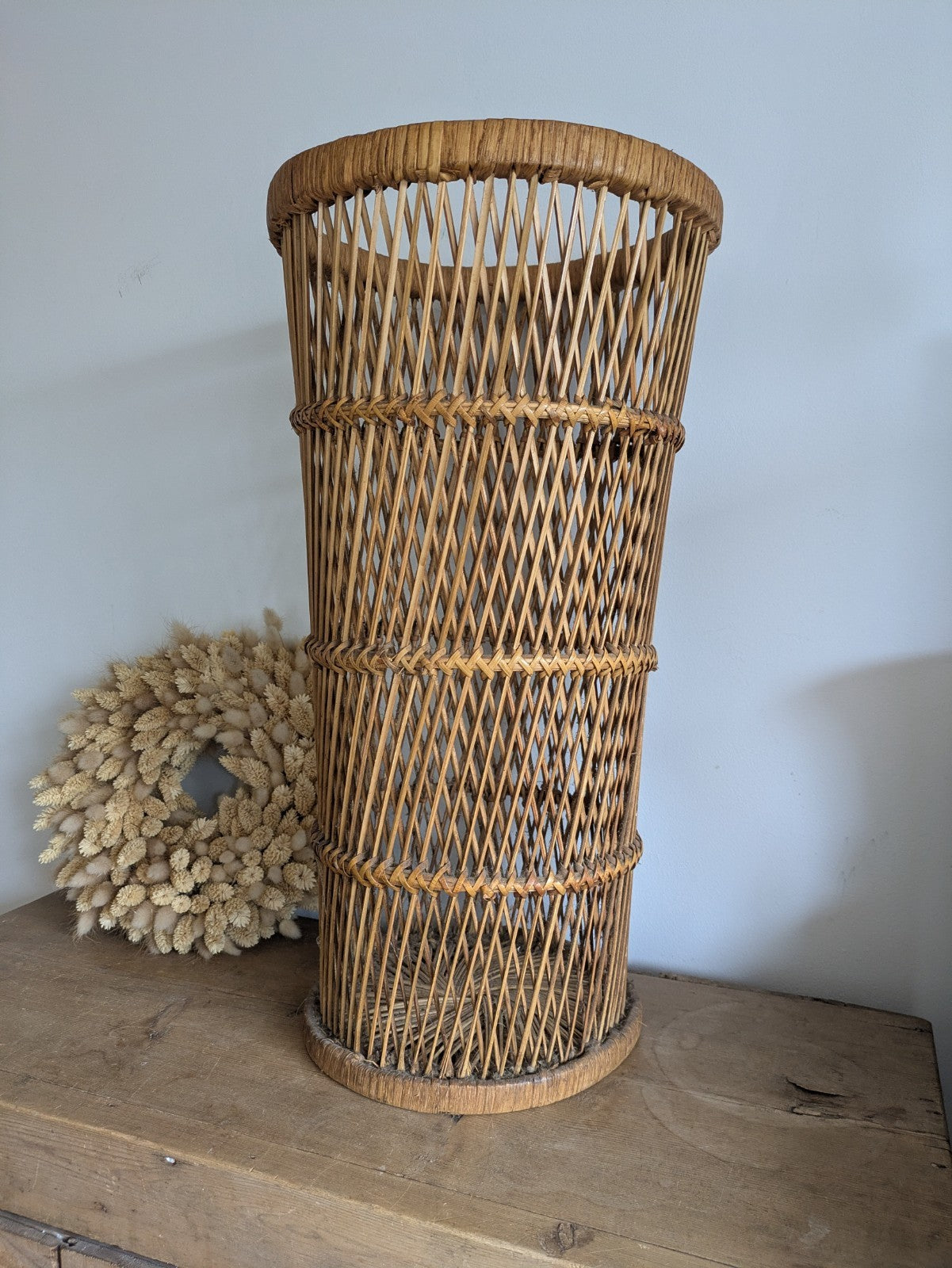 Vintage Tall Woven Wicker Rattan Boho Umbrella Cane Storage Basket Stand MCM Old