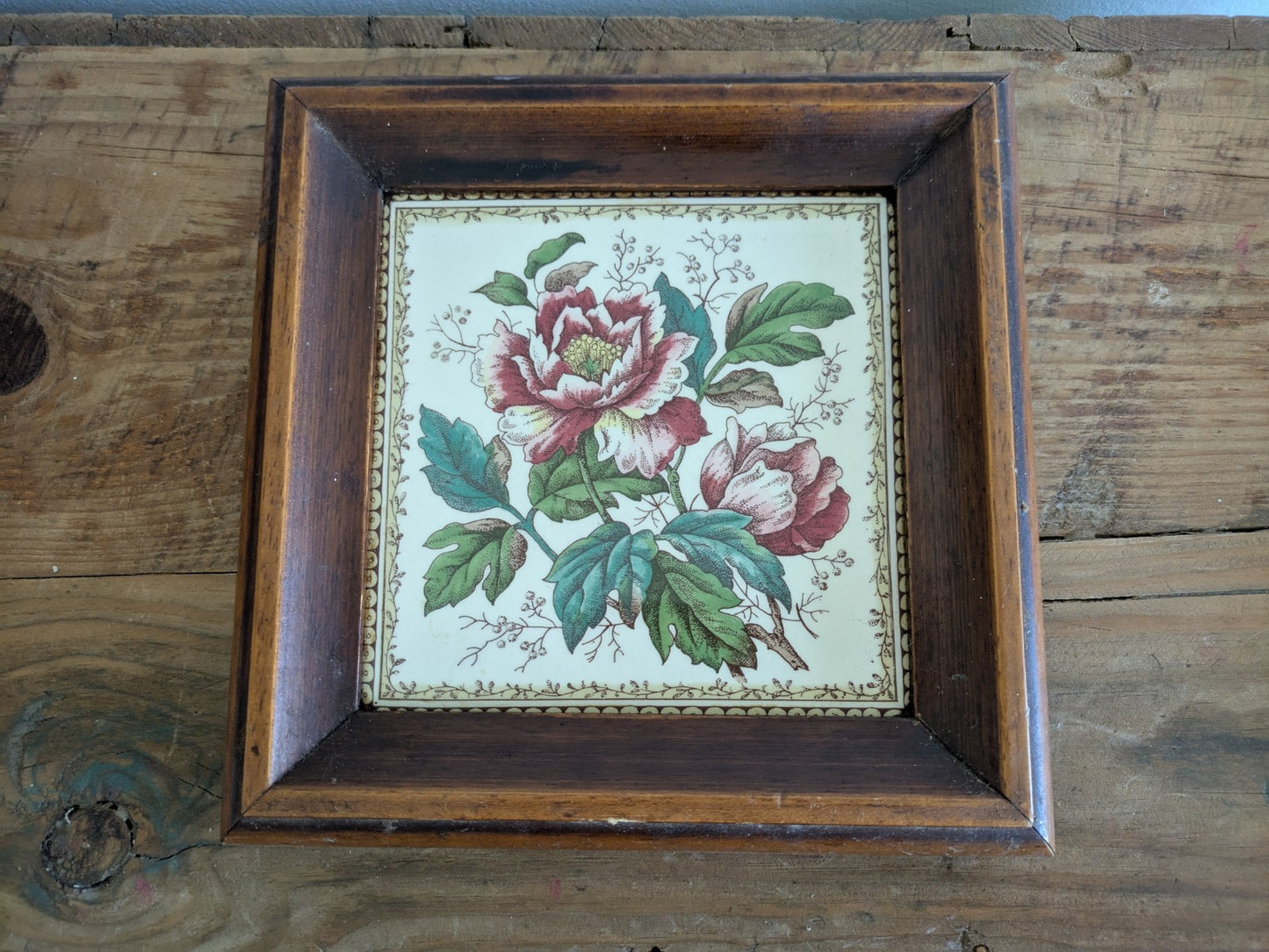 Antique Vintage MAW & Co Wooden FRAMED Ceramic TILE Trivet Floral Rose Stand Vgc