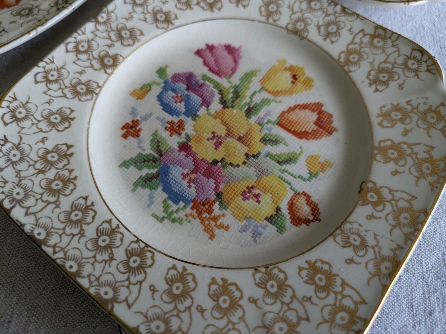 6x Vtg Coronet Ware Tapestry English Sampler Side Plates Parrott & Co Burslem 