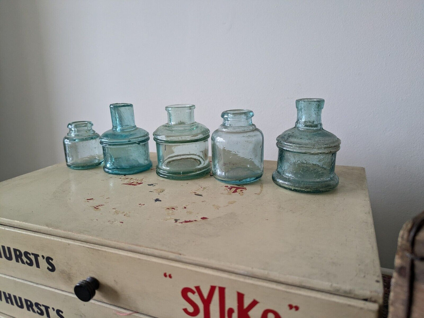 5x Antique Vintage Glass Bottles vase flower original apothecary ink old Prop