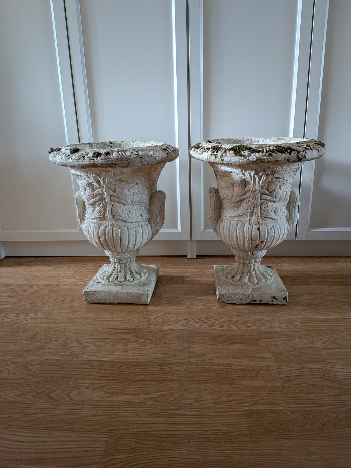 Pair Reclaimed Classical Medici Garden Urn Planter Cast Stone Handles Weathered