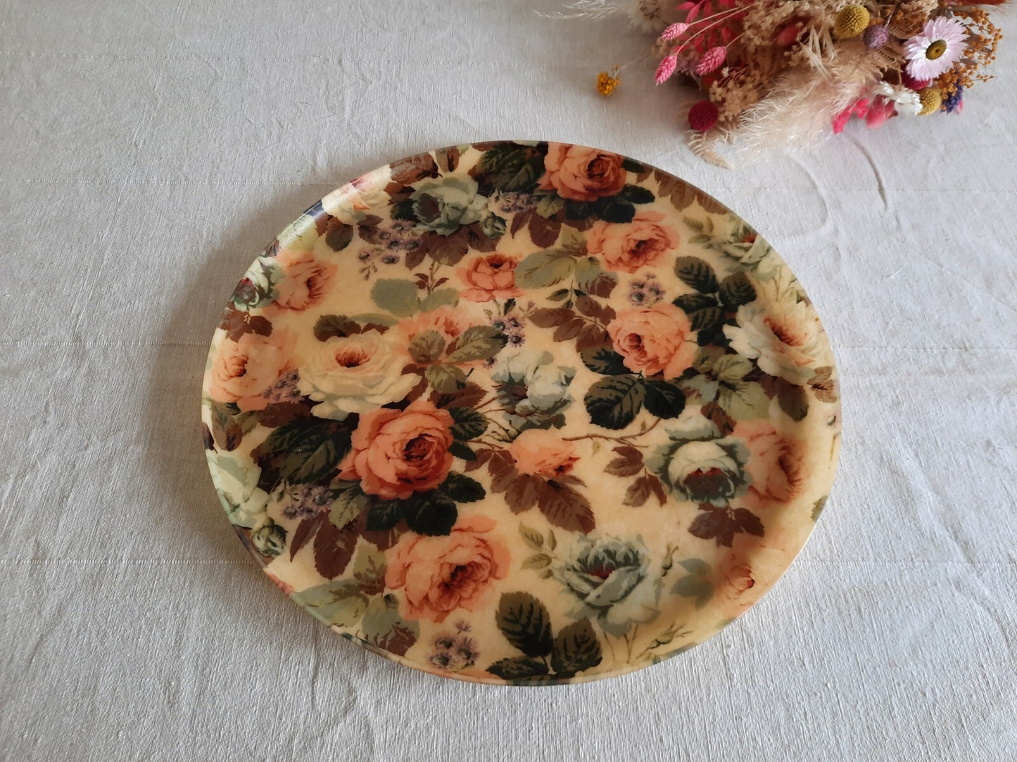 Vintage Cabbage Rose Tray Floral Fiberglass Round Dinner Serving Kitchen Tea Old