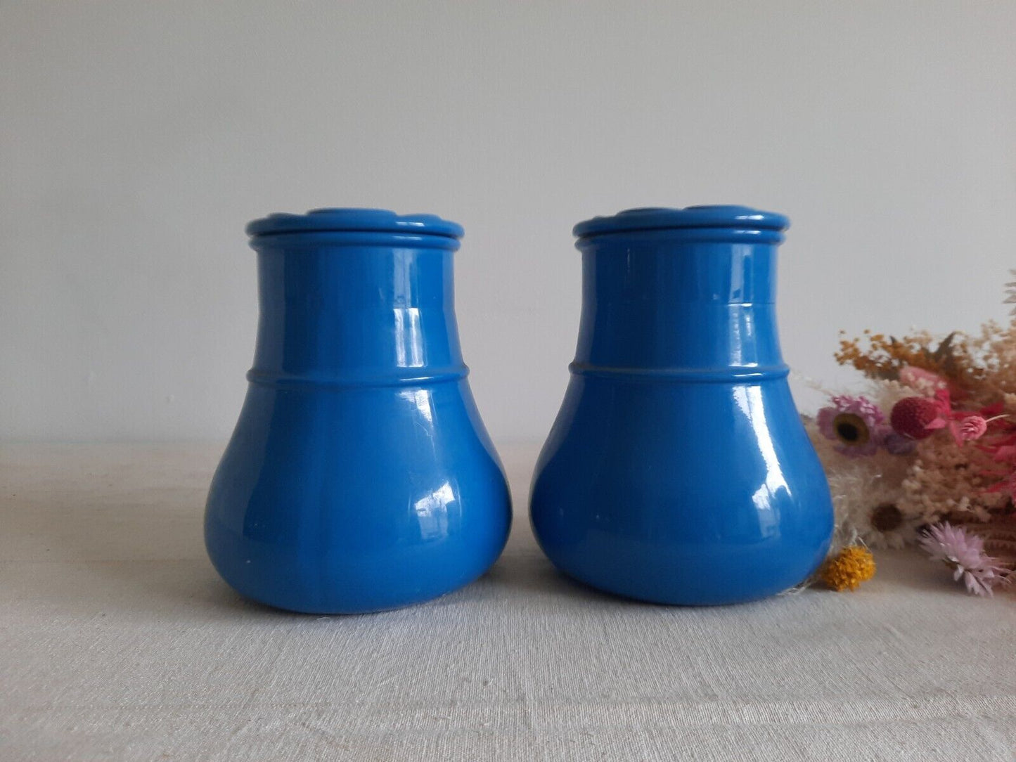 2 70s FRANCE KITCHEN JARS GLASS VERRERIE DU GIER SUNFLOWER DAISY FLOWER BLUE PAI