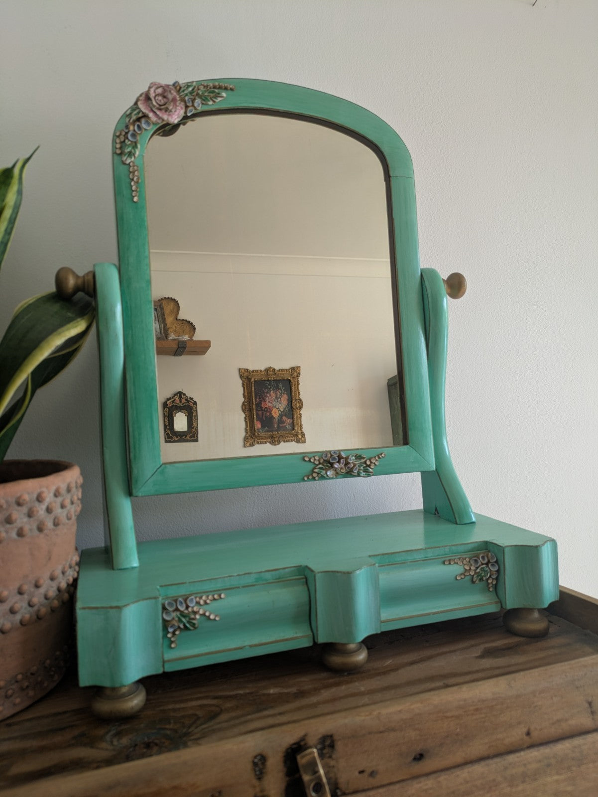 Antique Victorian Edwardian Wood Table Vanity Mirror Drawers Turquoise Floral Vg