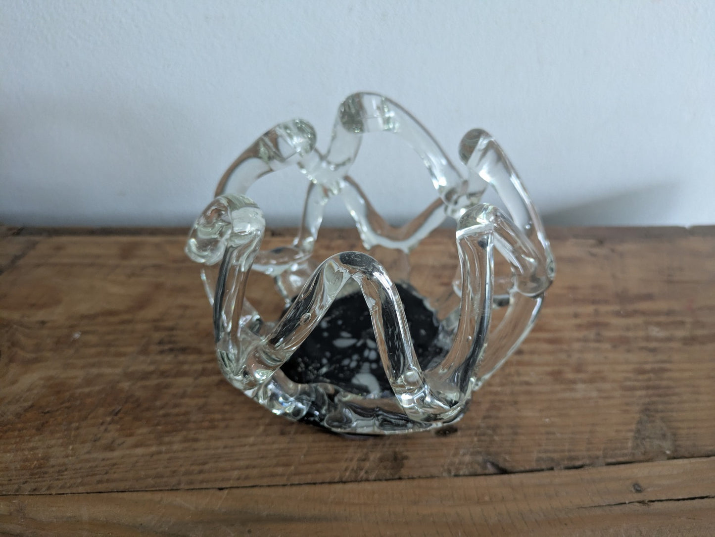 Vintage Murano Style Lattice Webbed Vase Glass Black Clear Centrepiece Bowl Vgc