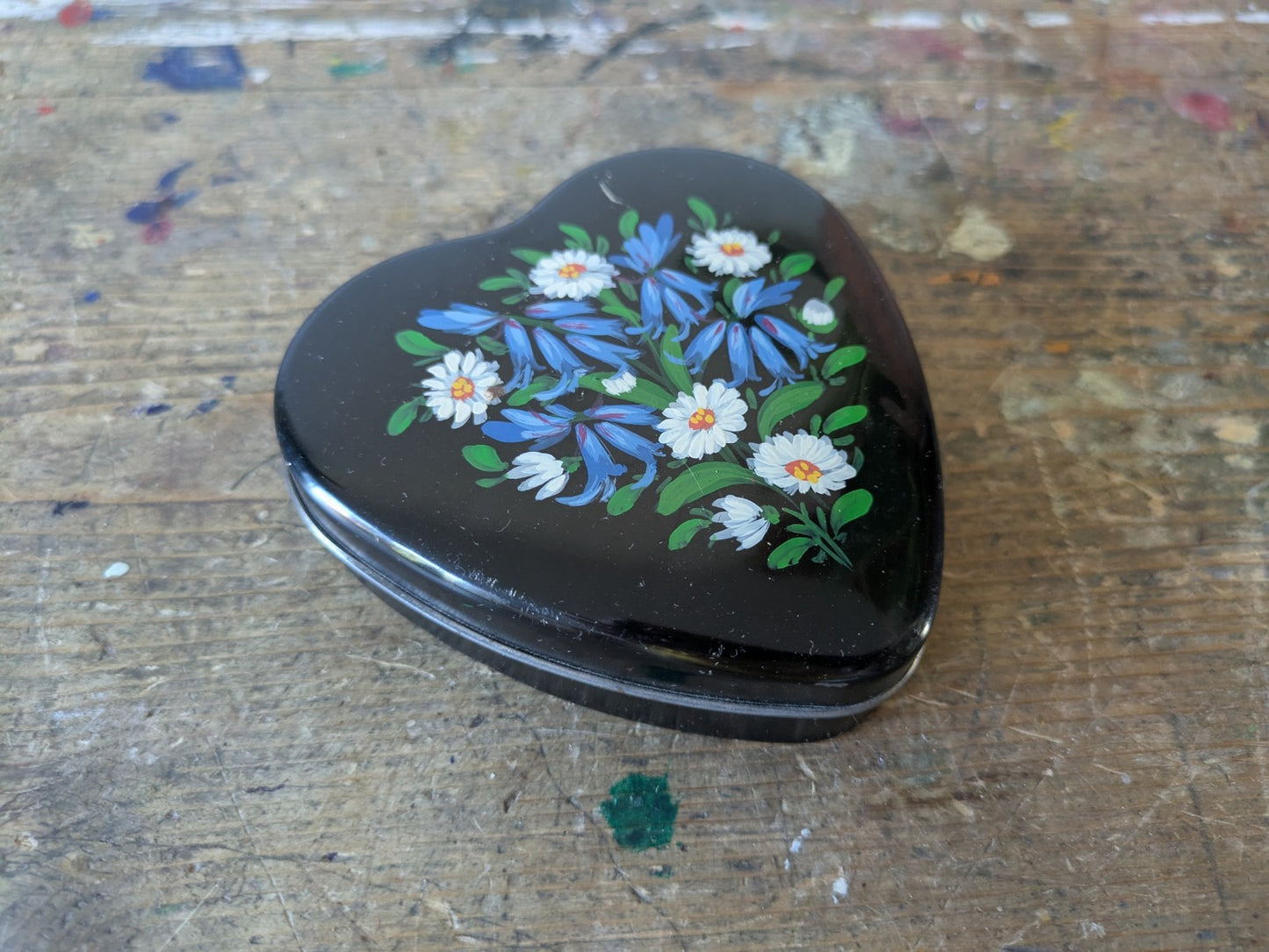 Adeline Ford Norfolk Hand-painted Floral Black Heart Shaped Tin Pot Trinket Box