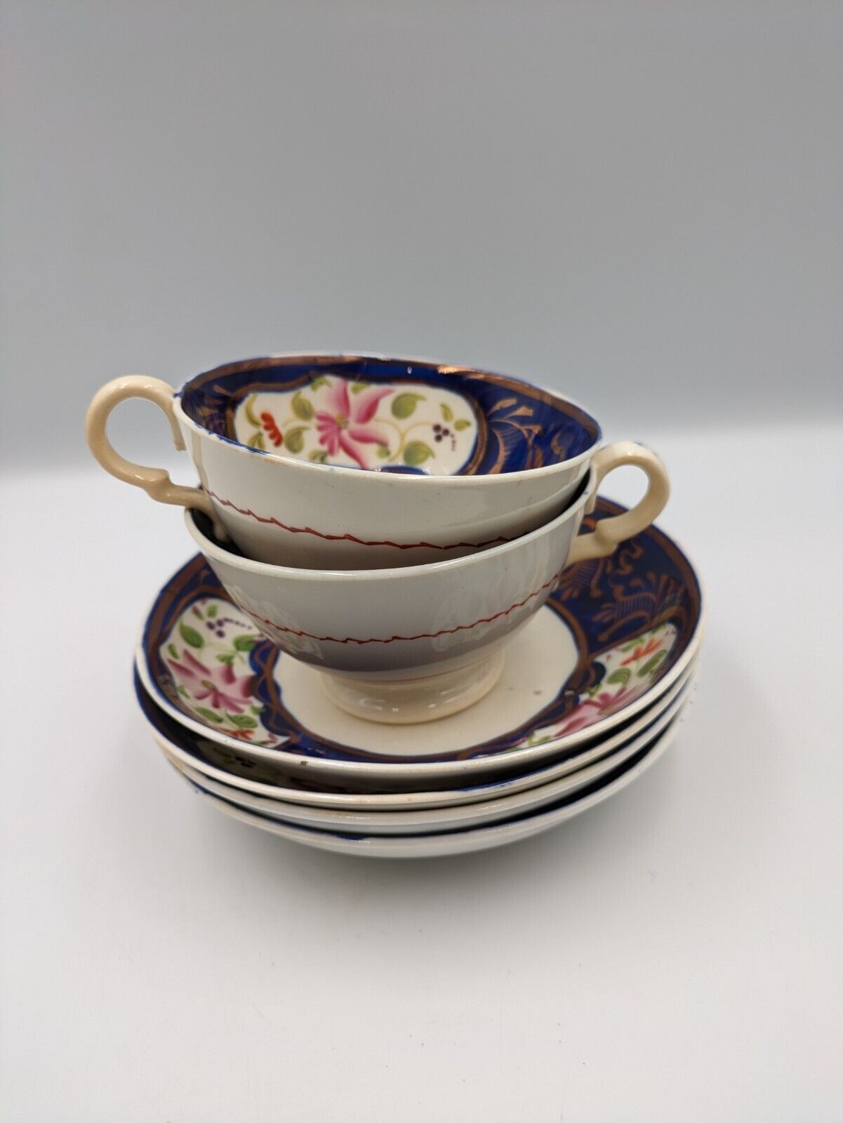 ANTIQUE Mid 1800’s ENGLISH GAUDY WELSH TEA CUPS SAUCERS DUOS COBALT BLUE COPPER 
