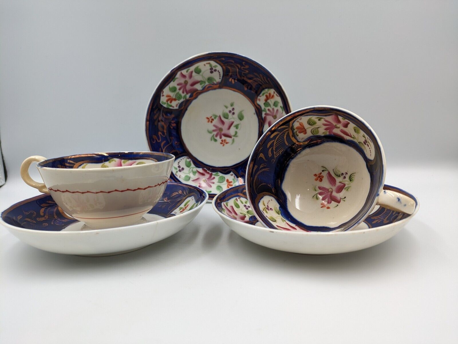 ANTIQUE Mid 1800’s ENGLISH GAUDY WELSH TEA CUPS SAUCERS DUOS COBALT BLUE COPPER 