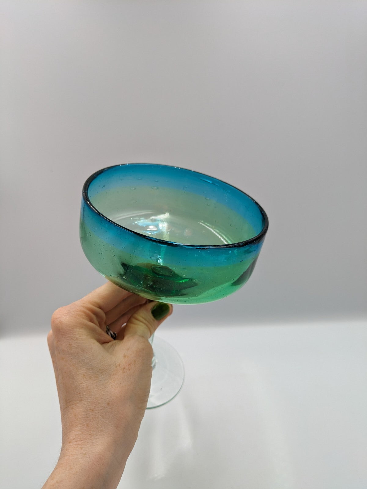 Vtg Hand Blown Aqua Blue and Green Margarita Glasses Two Toned Glass Bubbles Vgc