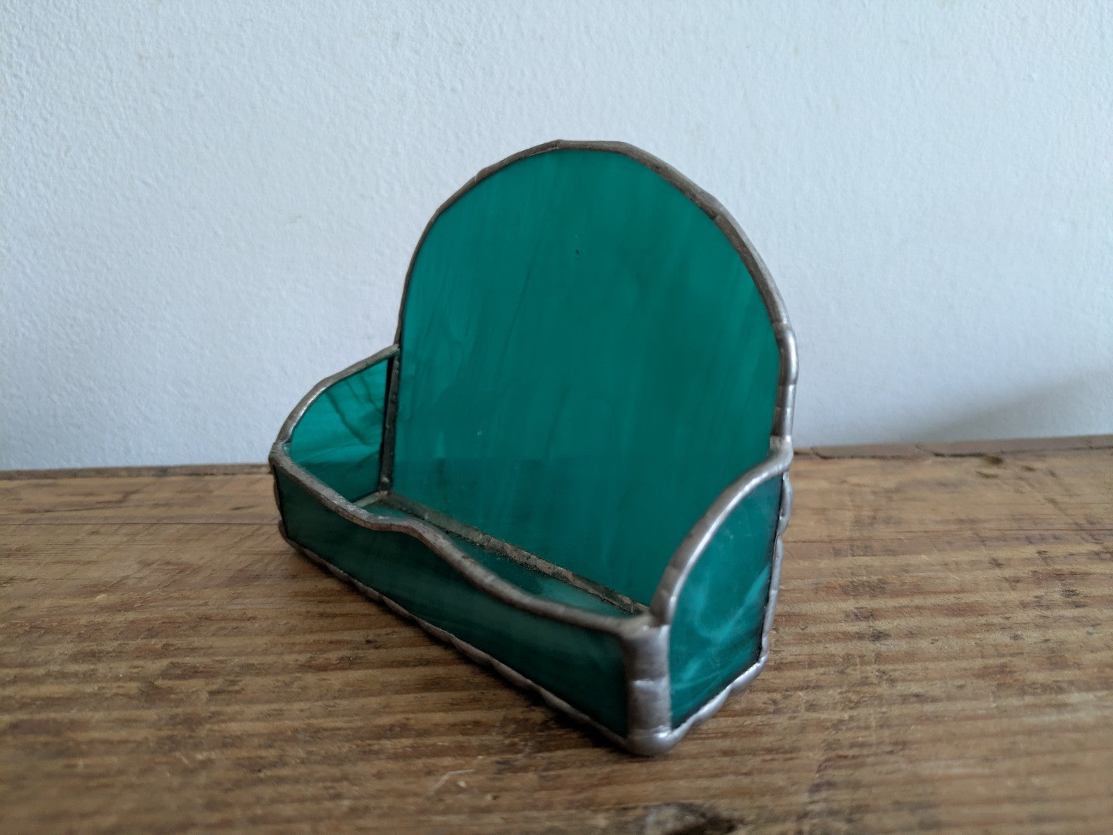 Handmade Stained Glass Business Card Holder Teal Green Leaded Rack Decor Gift 