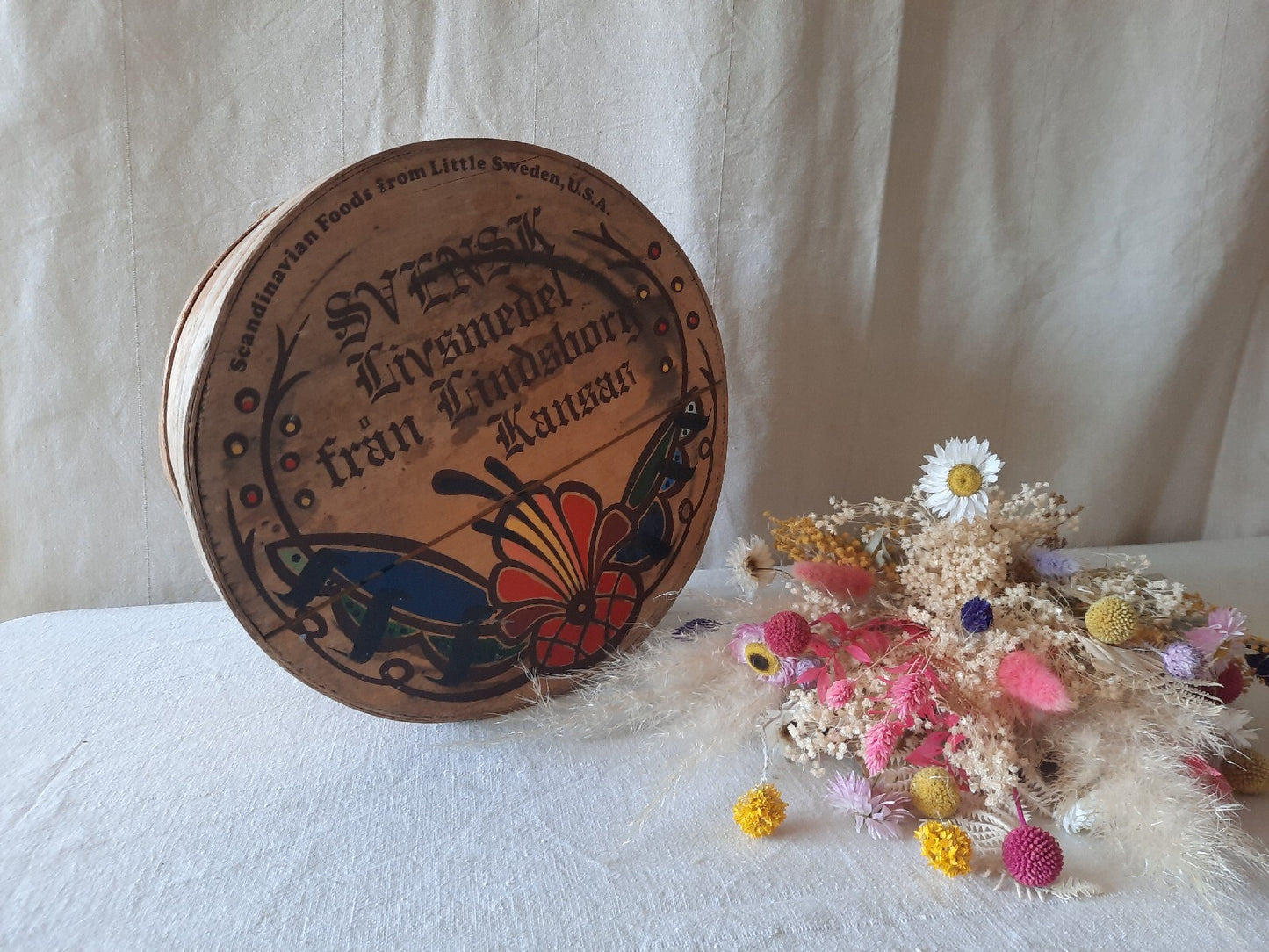 Vtg Wooden Pantry Box Hand Painted Flowers Little Sweden, USA Food Bentwood Rare