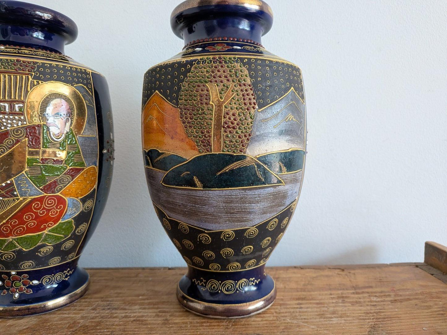 Pair Antique Early 1900s Satsuma Moriage Oriental Vase / Made in Japan Blue Vgc