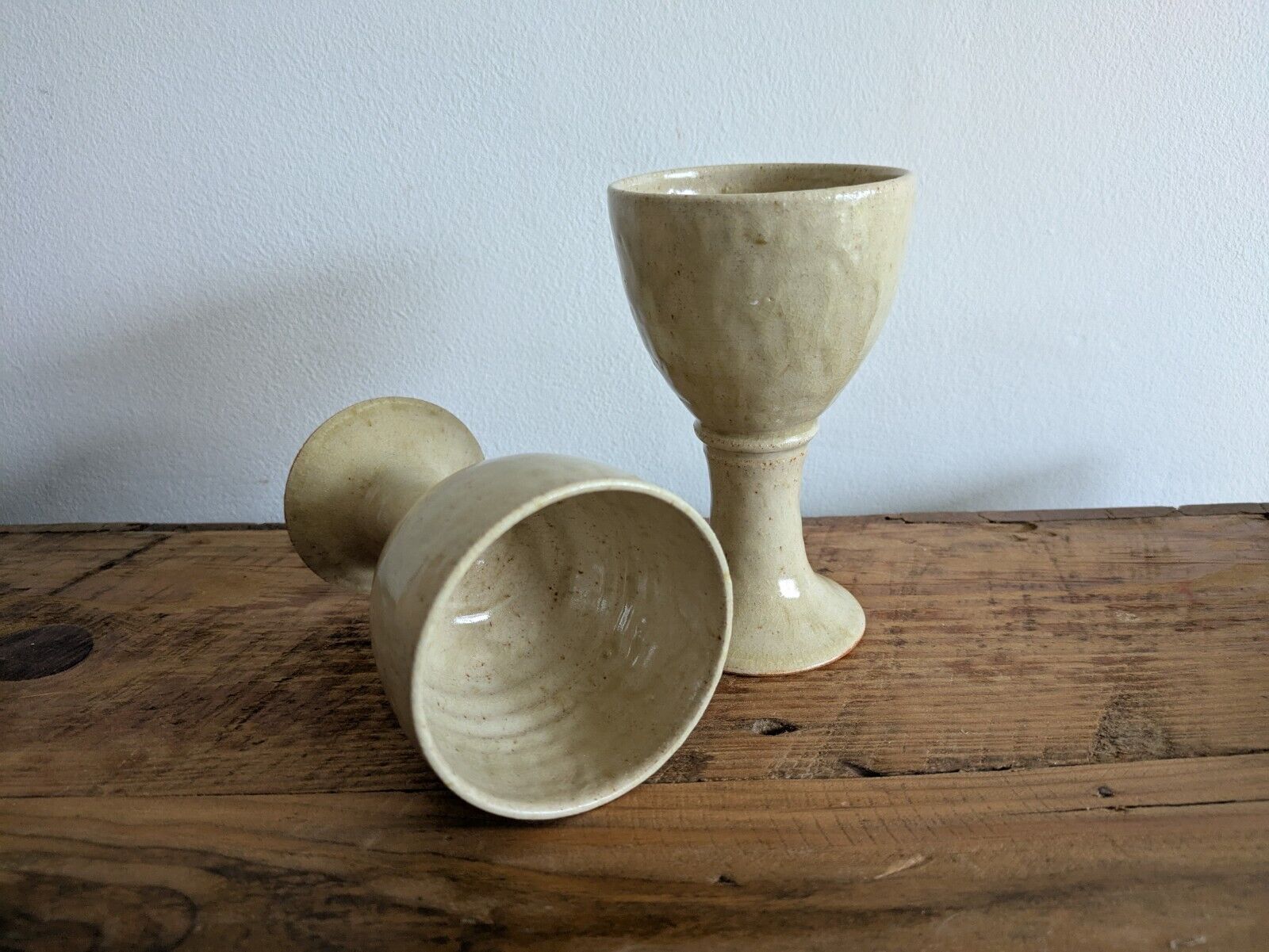 2x Vintage England Speckled Pottery Goblet Cup Mid Century Pair Set Wine Vessels