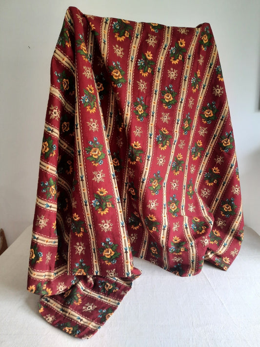 Vntg Heavy Weight Stripe 50s Fabric Thick 118cmLX 182.5cmW Retro Rose Floral Red