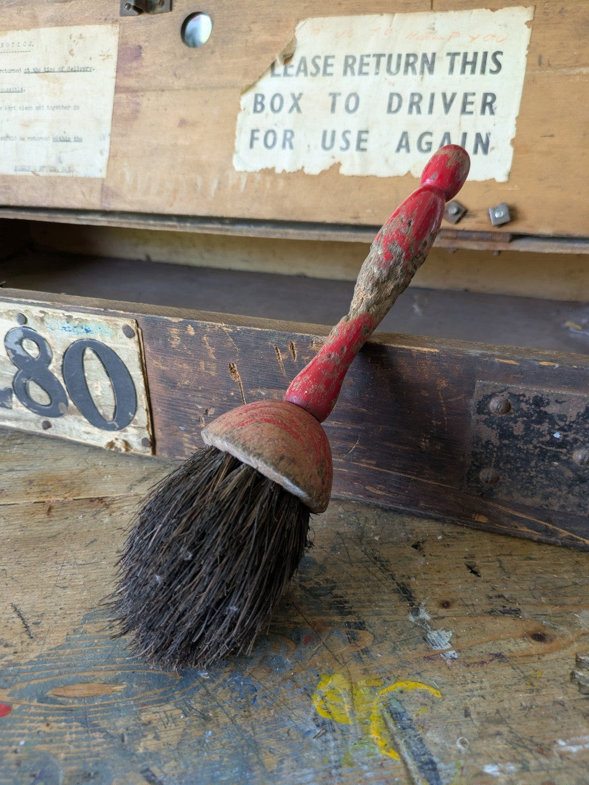 Antique Early Shaker Brush Primitive Wood Handle Red Paint Patina Chippy Vtg