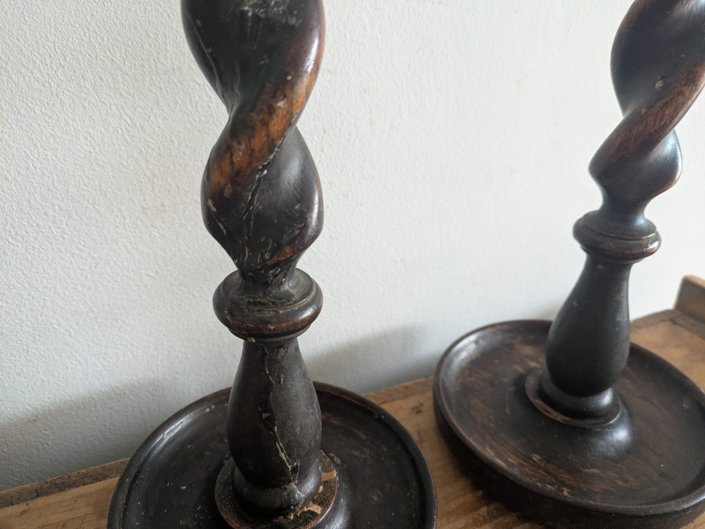 Antique English Oak Barley Twist Pair Candlesticks Candle Holders  31cm Tall Vtg