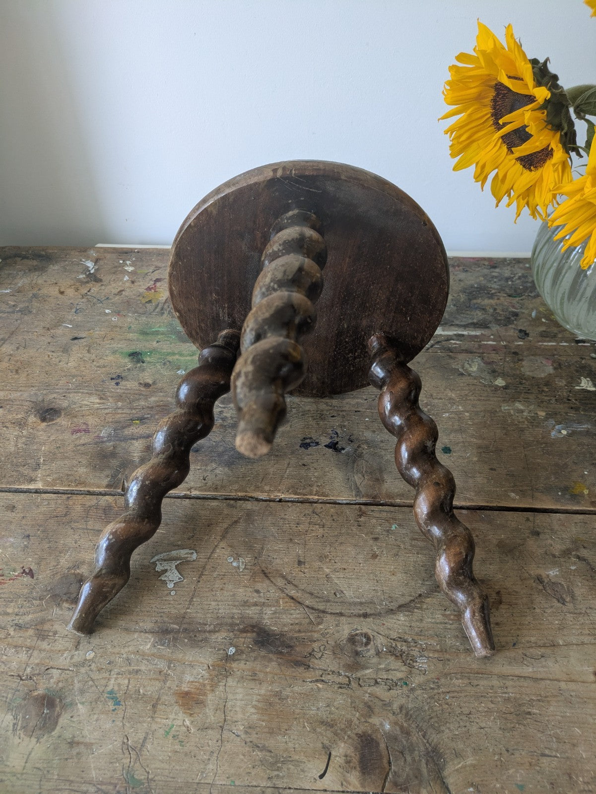 Antique french plant table Mid-1900's woodwork stool Twist Leg Tripod Spiral 