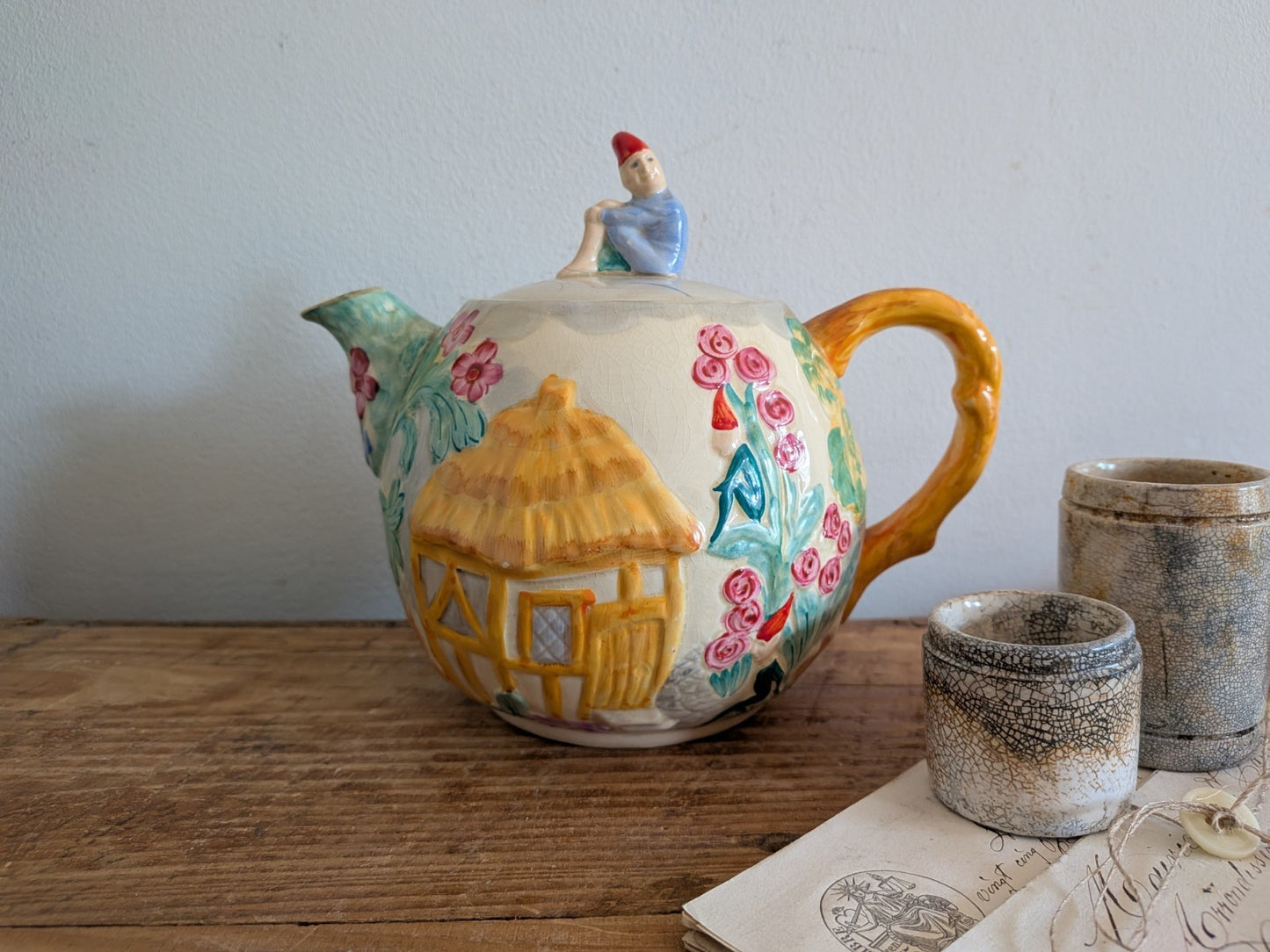 Vintage Art Deco Teapot Leprechaun Pixie Castle Fairytale Cottage Garden Floral