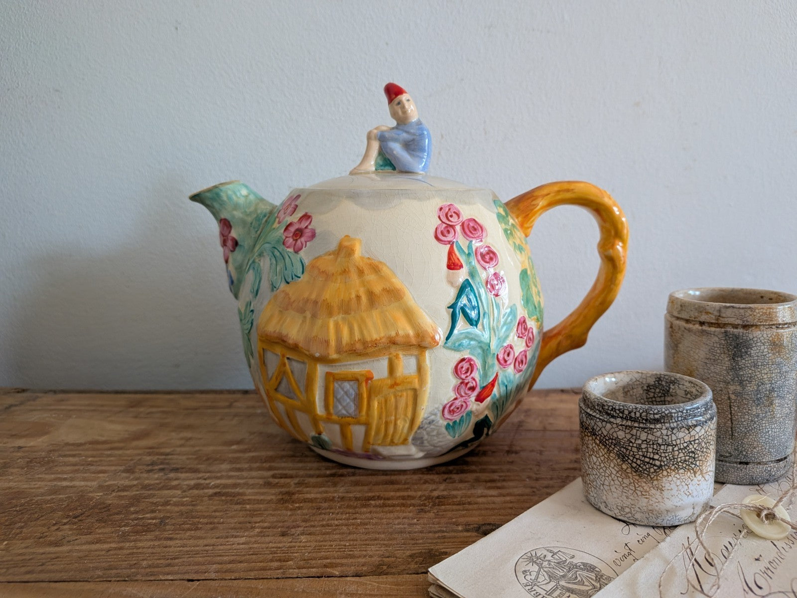 Vintage Art Deco Teapot Leprechaun Pixie Castle Fairytale Cottage Garden Floral