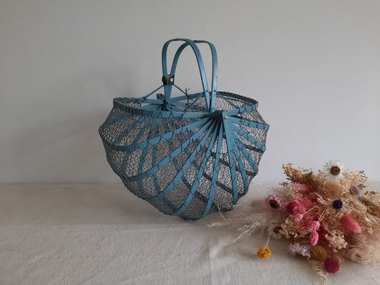 Vintage French Folding Bentwood Fishnet Basket Retro Handbag Blue 1950s Rare Old